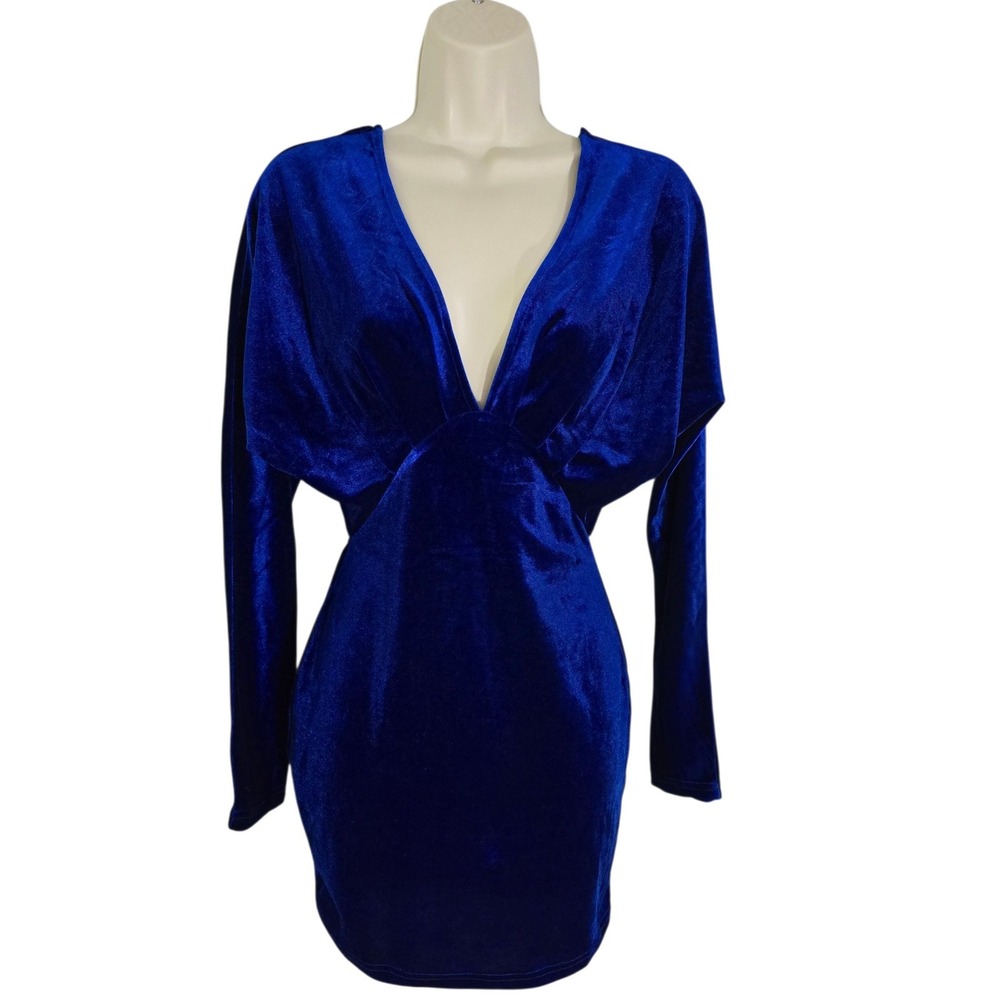 Superdown Royal Blue Velvet Plunging V Neck Long‎ Sleeve Bodycon Mini Dress Sz S